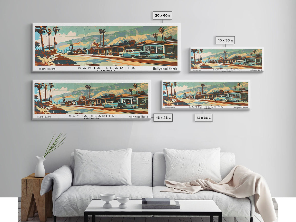 Santa Clarita California Panoramic Wall Art, Mid Century Modern Framed Canvas Print, Retro Pop Art Travel Poster, Living Room and Office Decor