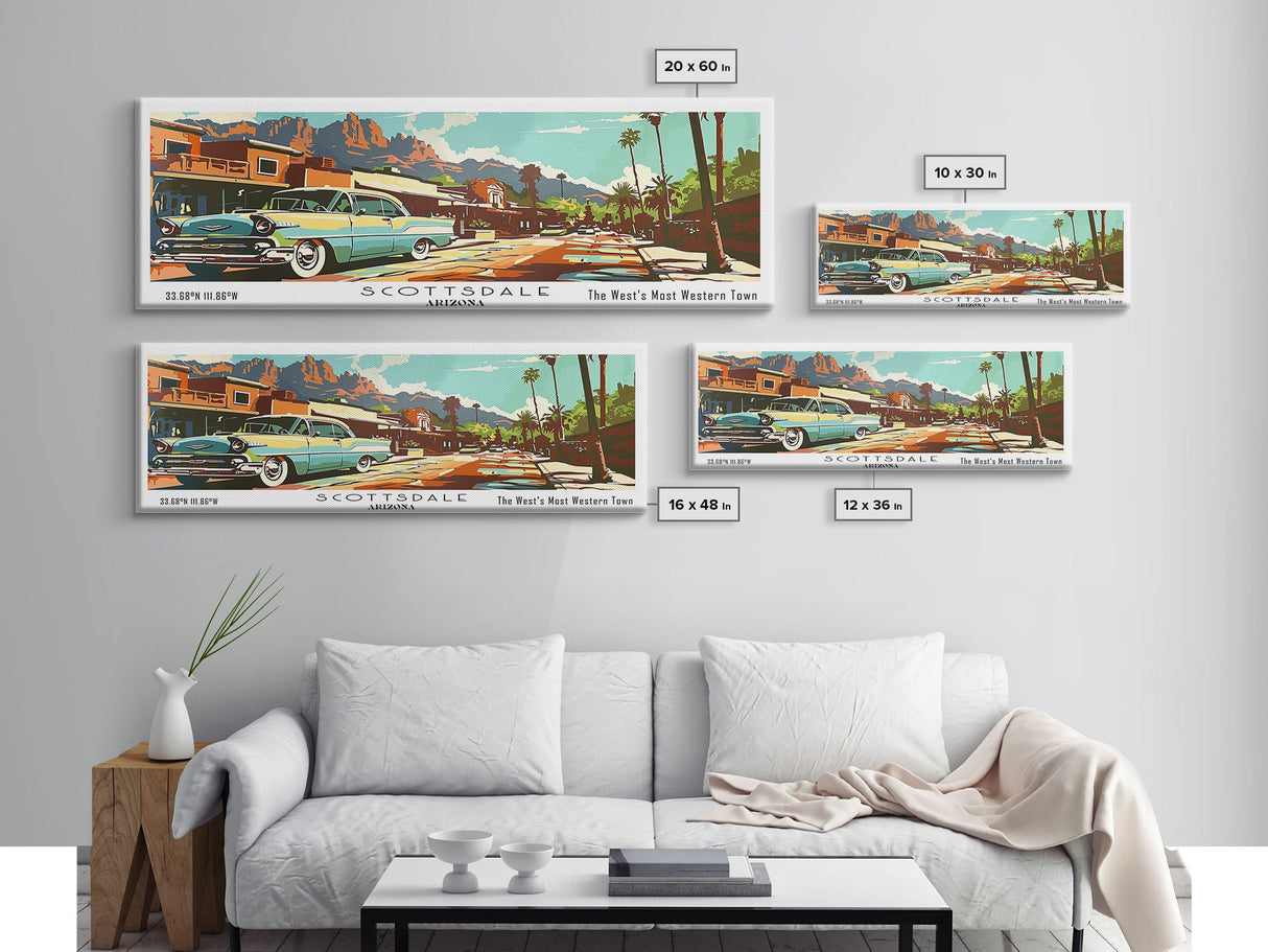 Scottsdale Arizona Panoramic Painting, Mid Century Modern Framed Canvas Print, Retro Pop Art Travel Poster, Living Room and Office Wall Art