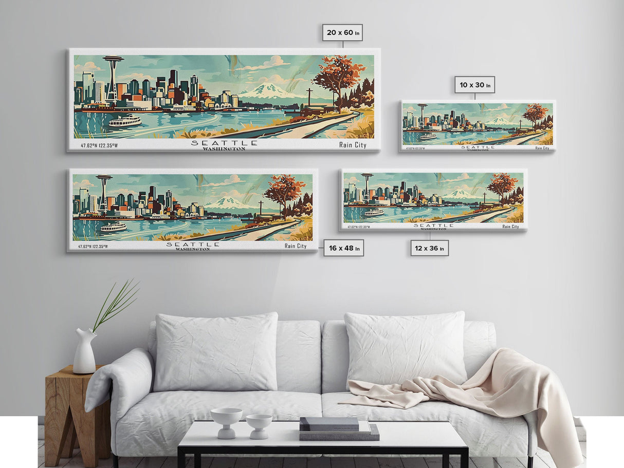 Seattle Washington Panoramic Painting, Mid Century Modern Framed Canvas Print, Retro Pop Art Travel Poster, Living Room Wall Art Decor