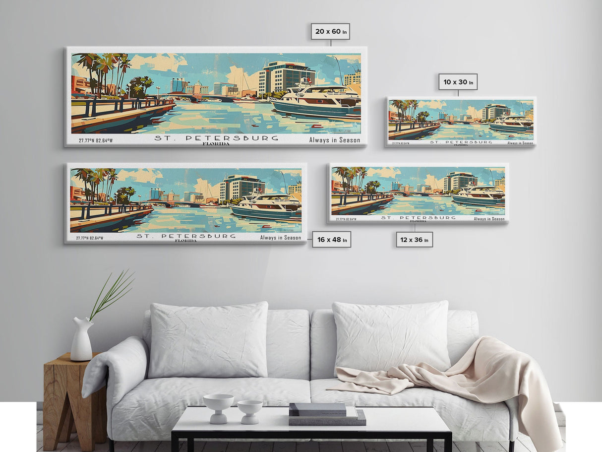 St. Petersburg Florida Panoramic Wall Art, Mid Century Modern Framed Canvas Print, Retro Pop Art Travel Poster, Living Room and Office Wall Art