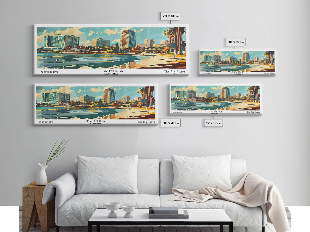 Tampa Florida Panoramic Wall Art, Mid Century Modern Framed Canvas Print, Retro Pop Art Travel Poster, Living Room and Office Wall Art