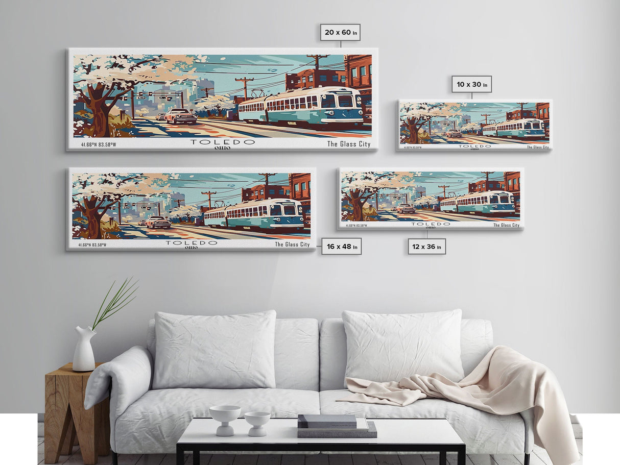 Toledo Ohio Panoramic Wall Art, Mid Century Modern Framed Canvas Print, Retro Pop Art Travel Poster, Living Room and Office Wall Art Decor