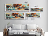 Tulsa Oklahoma Panoramic Painting, Mid Century Modern Framed Canvas Print, Retro Pop Art Travel Poster, Living Room and Office Wall Art Decor