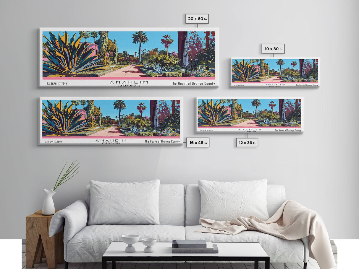 Anaheim California Panoramic Painting, Mid Century Modern Framed Canvas Print, Retro Pop Art Travel Poster, Home Decor, City Art