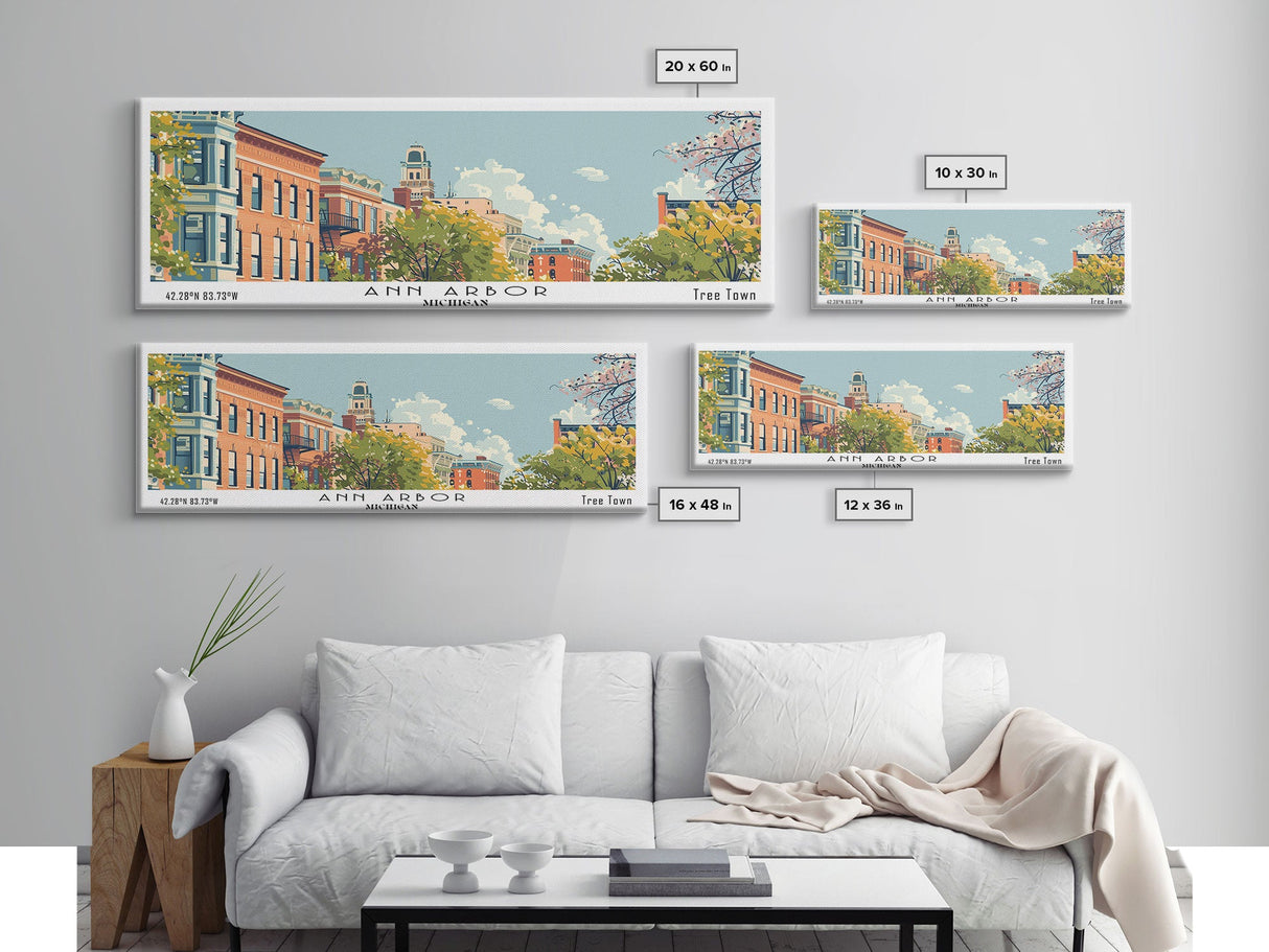 Ann Arbor Michigan Panoramic Painting, Mid Century Modern Framed Canvas Print, Retro Pop Art Travel Poster, Living Room Wall Art Decor, City Print