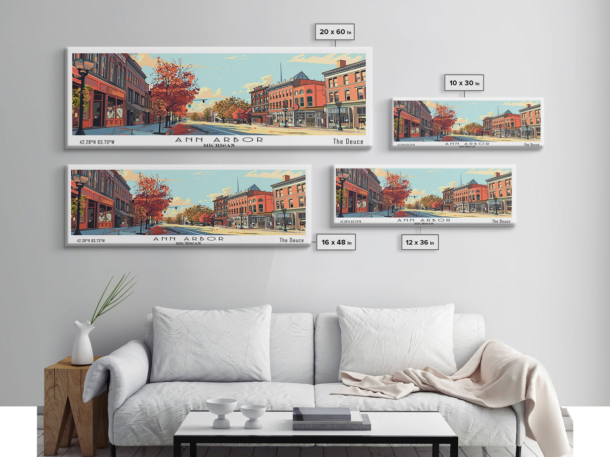 Ann Arbor Michigan Panoramic Painting, Mid Century Modern Framed Canvas Print, Retro Pop Art Travel Poster, Office Art, City Print