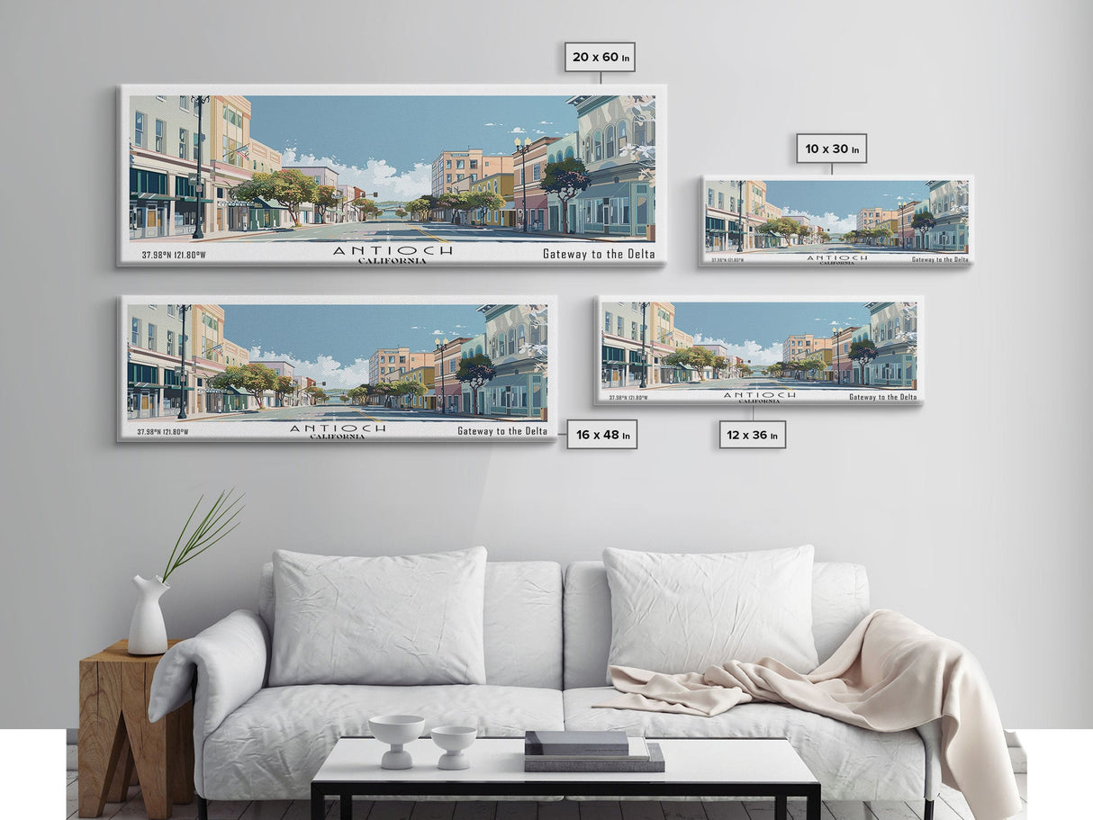 Antioch California Panoramic Painting, Mid Century Modern Framed Canvas Print, Retro Pop Art Travel Poster, Home Decor, City Art