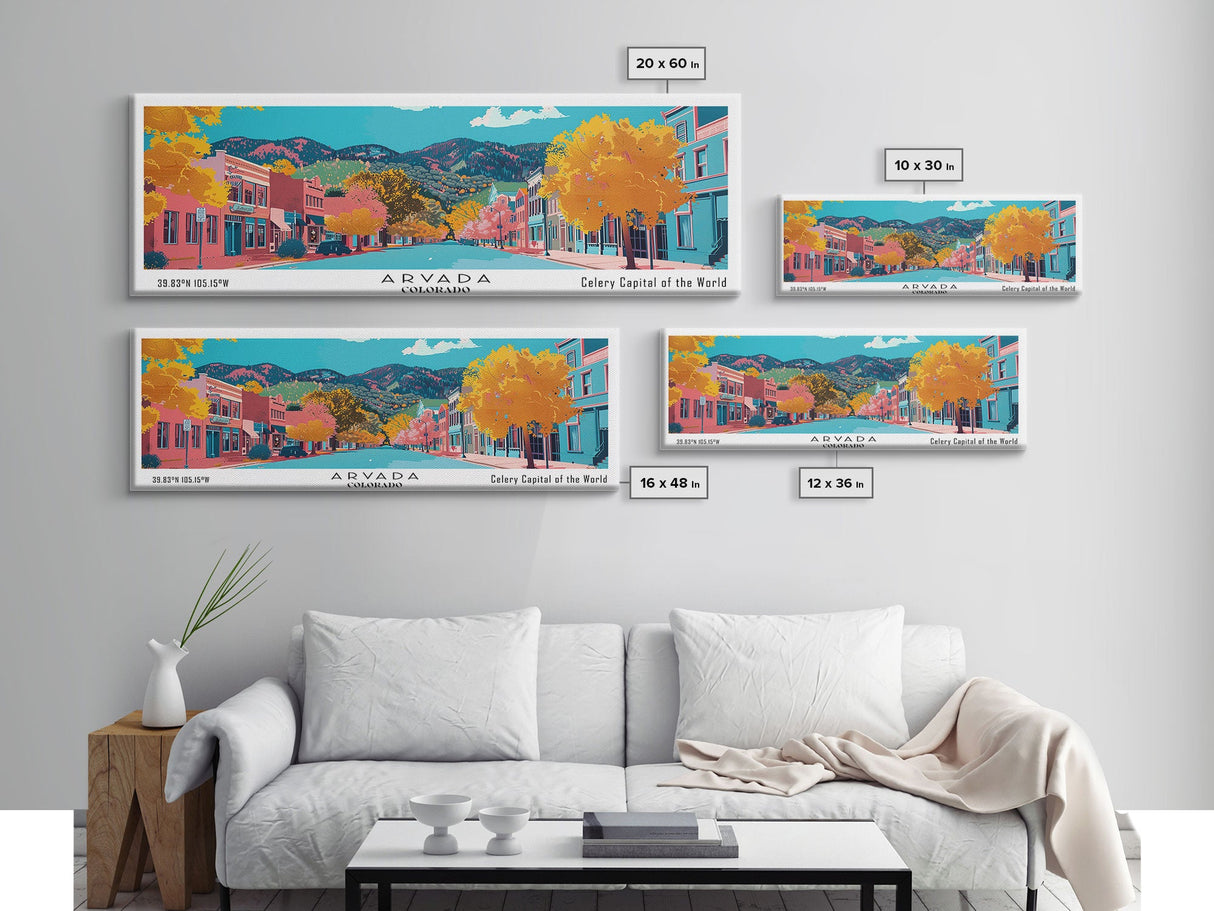 Arvada Colorado Panoramic Painting, Mid Century Modern Framed Canvas Print, Retro Pop Art Travel Poster, Living Room Wall Art, City Print