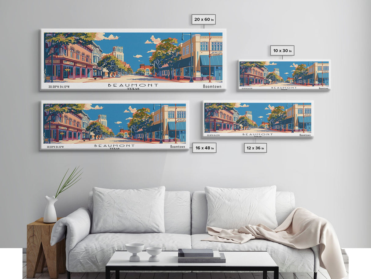 Beaumont Texas Panoramic Painting, Mid Century Modern Framed Canvas Print, Retro Pop Art Travel Poster, Living Room Wall Art, City Print