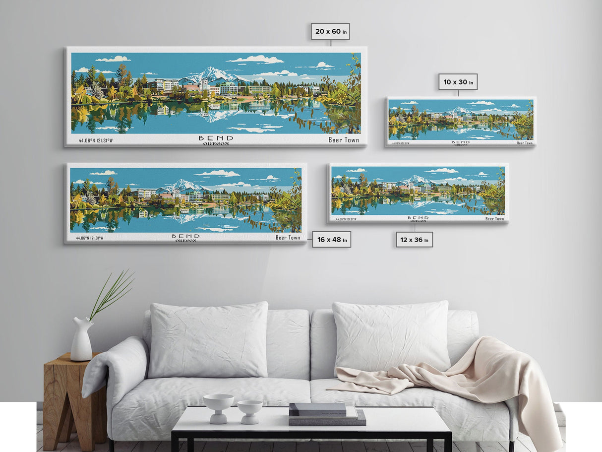 Bend Oregon Panoramic Painting, Mid Century Modern Framed Canvas Print, Retro Pop Art Travel Poster, City Wall Art Decor, Office Art