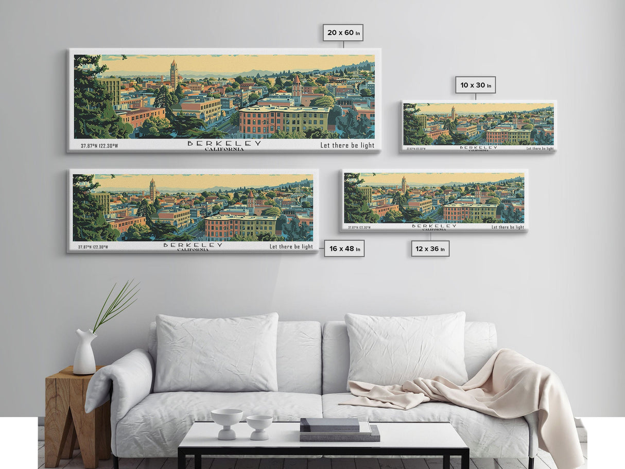 Berkeley California Panoramic Painting, Mid Century Modern Framed Canvas Print, Retro Pop Art Travel Poster, Home Decor, City Print