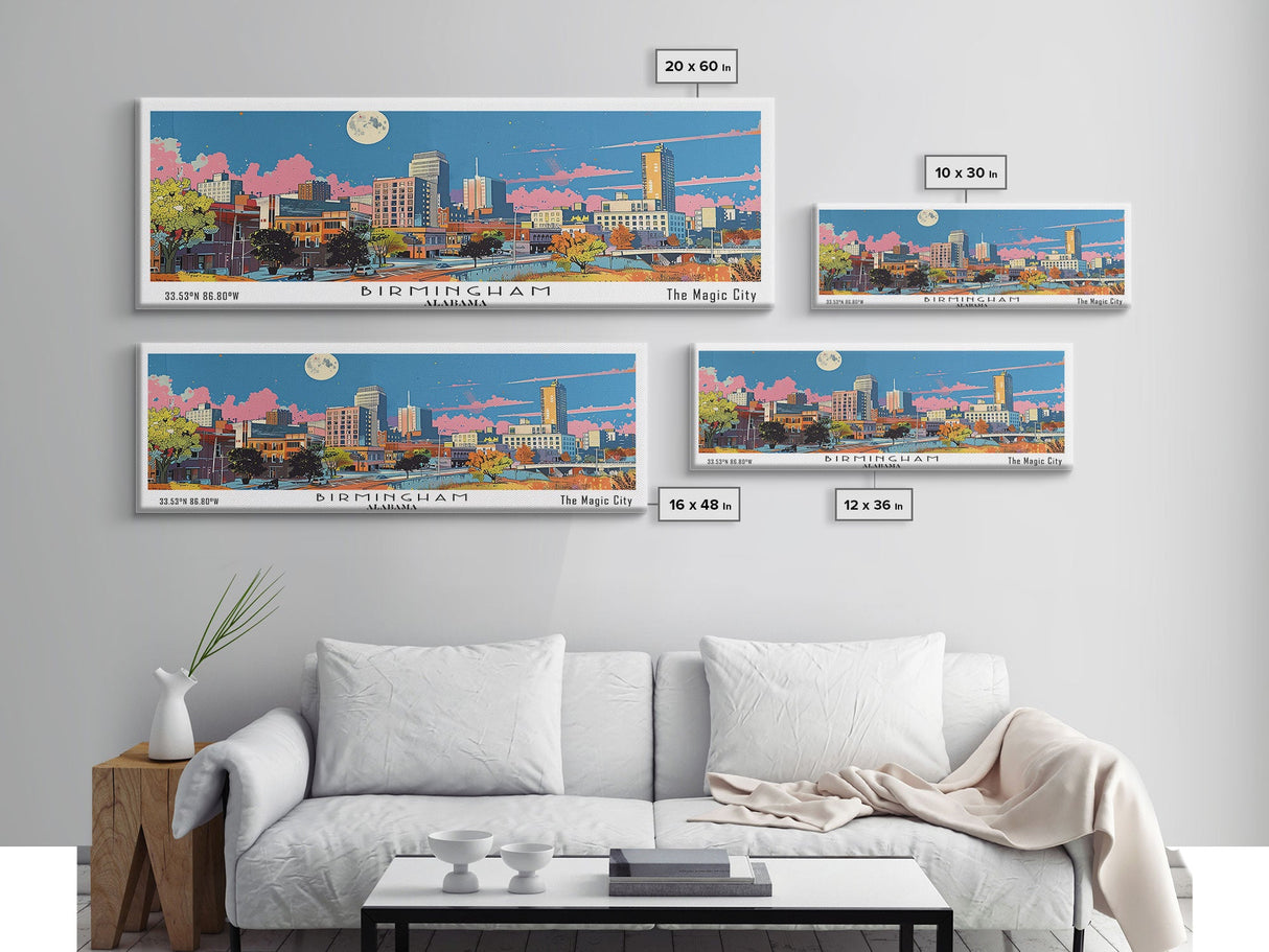 Birmingham Alabama Panoramic Painting, Mid Century Modern Framed Canvas Print, Retro Pop Art Travel Poster, Office Wall Art, City Print