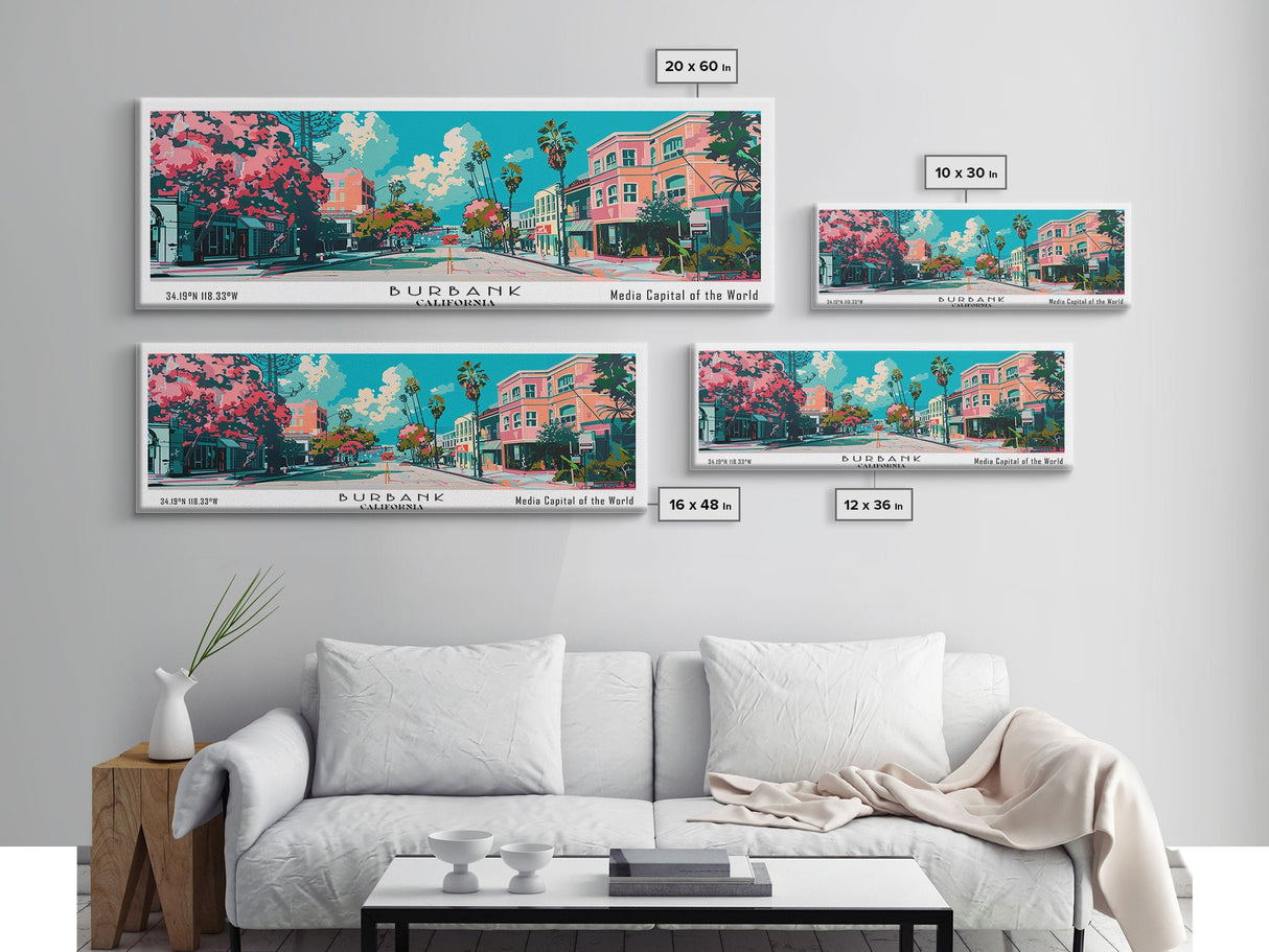 Burbank California Panoramic Painting, Mid Century Modern Framed Canvas Print, Retro Pop Art Travel Poster, Living Room Wall Art, City Art