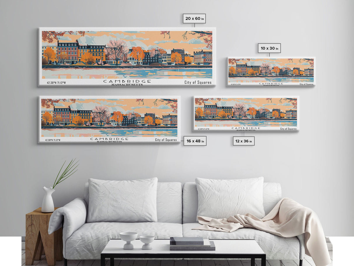 Cambridge Massachusetts Panoramic Painting, Mid Century Modern Framed Canvas Print, Retro Pop Art Travel Poster, Home Decor, City Print