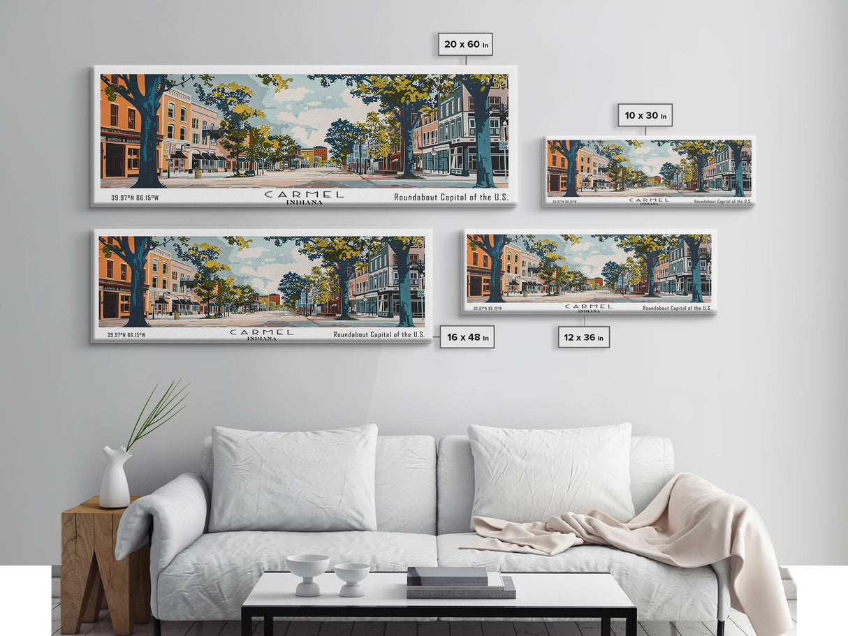 Carmel Indiana Panoramic Painting, Mid Century Modern Framed Canvas Print, Retro Pop Art Travel Poster, Home Decor, City Art