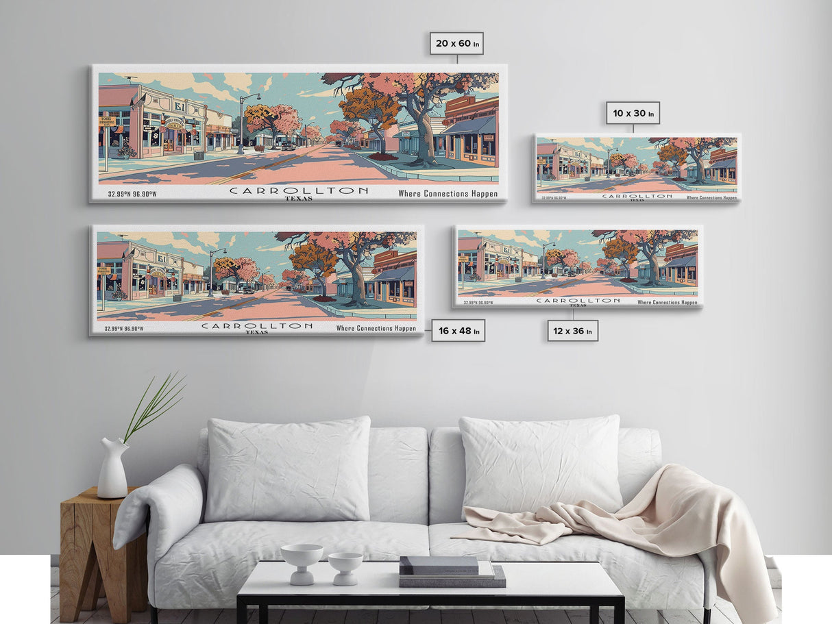 Carrollton Texas Panoramic Painting, Mid Century Modern Framed Canvas Print, Retro Pop Art Travel Poster, Office Wall Art, City Print