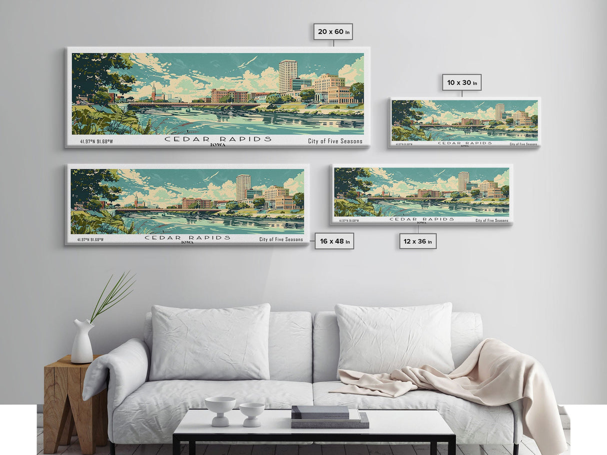 Cedar Rapids Iowa Panoramic Painting, Mid Century Modern Framed Canvas Print, Retro Pop Art Travel Poster, Living Room Wall Art Decor, City Print