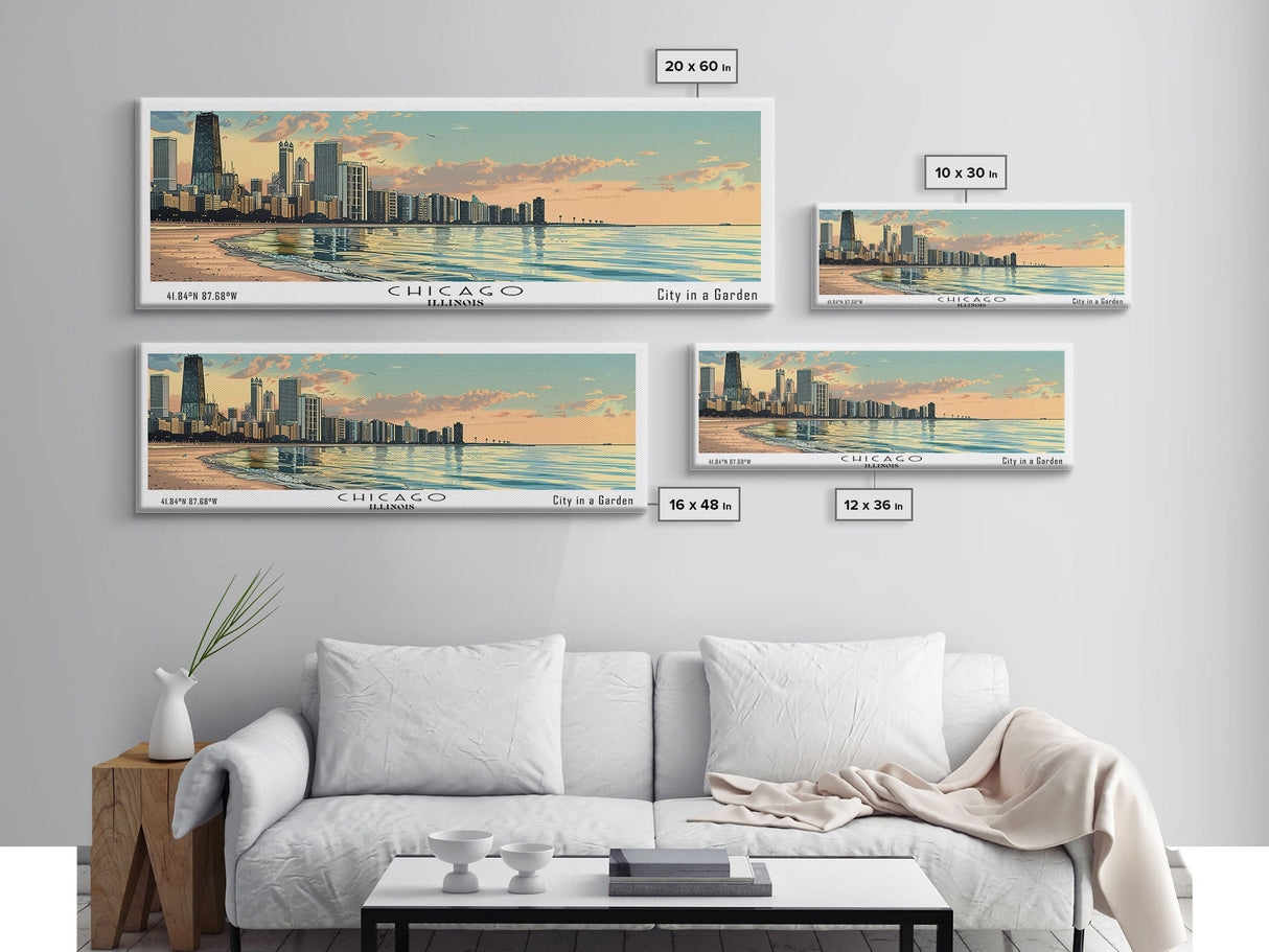 Chicago Florida Panoramic Painting, Mid Century Modern Framed Canvas Print, Retro Pop Art Travel Poster, Living Room Wall Art, City Art