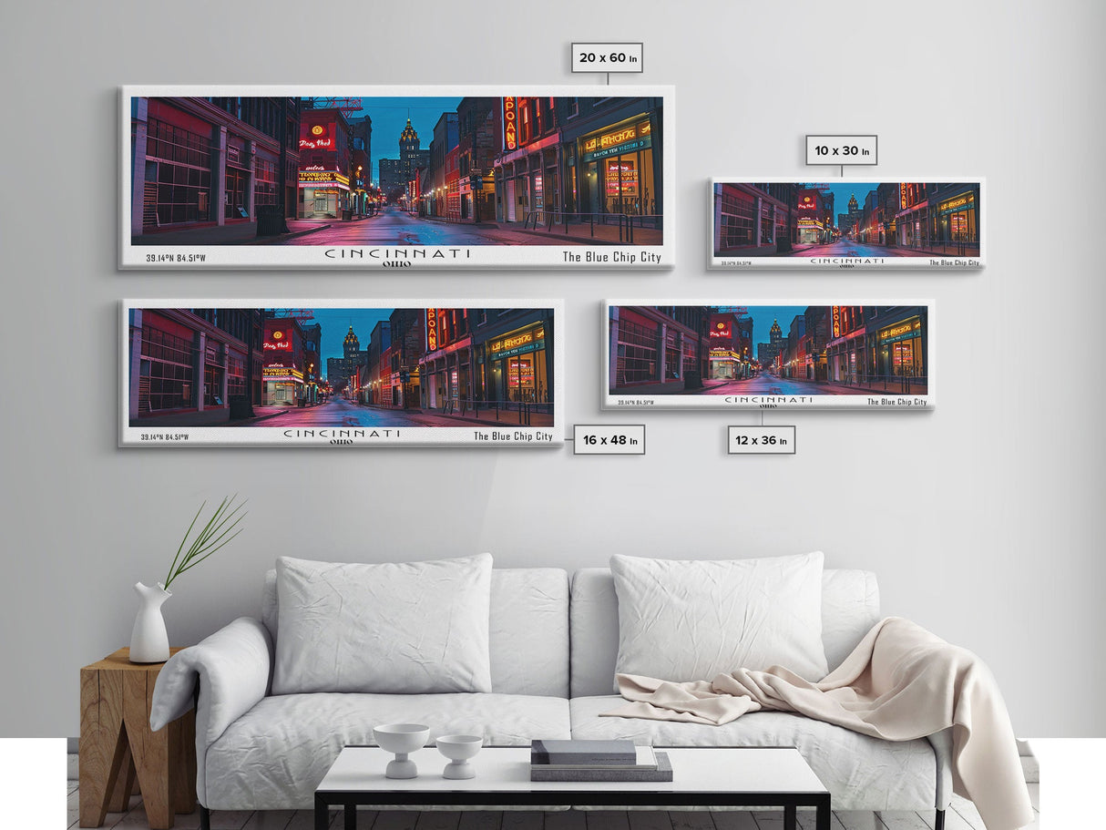 Cincinnati Ohio Panoramic Painting, Mid Century Modern Framed Canvas Print, Retro Pop Art Travel Poster, Office Wall Art, City Print