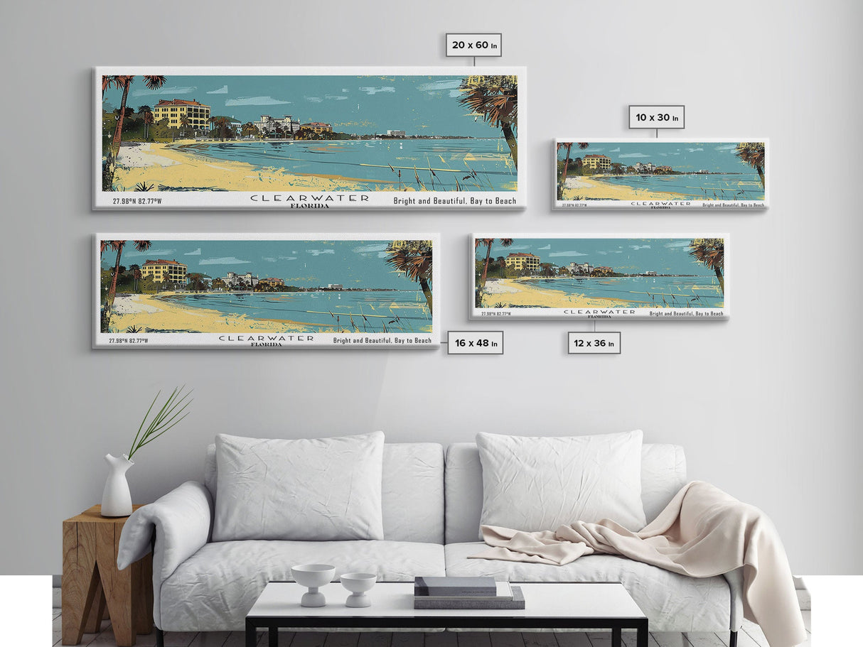 Clearwater Florida Panoramic Painting, Mid Century Modern Framed Canvas Print, Retro Pop Art Travel Poster, Home Decor, City Art