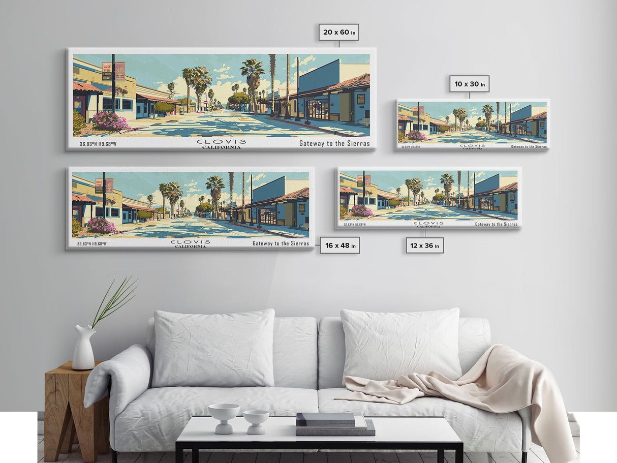 Clovis California Panoramic Wall Art, Mid Century Modern Framed Canvas Print, Retro Pop Art Travel Poster, City Office Decor, Home Art