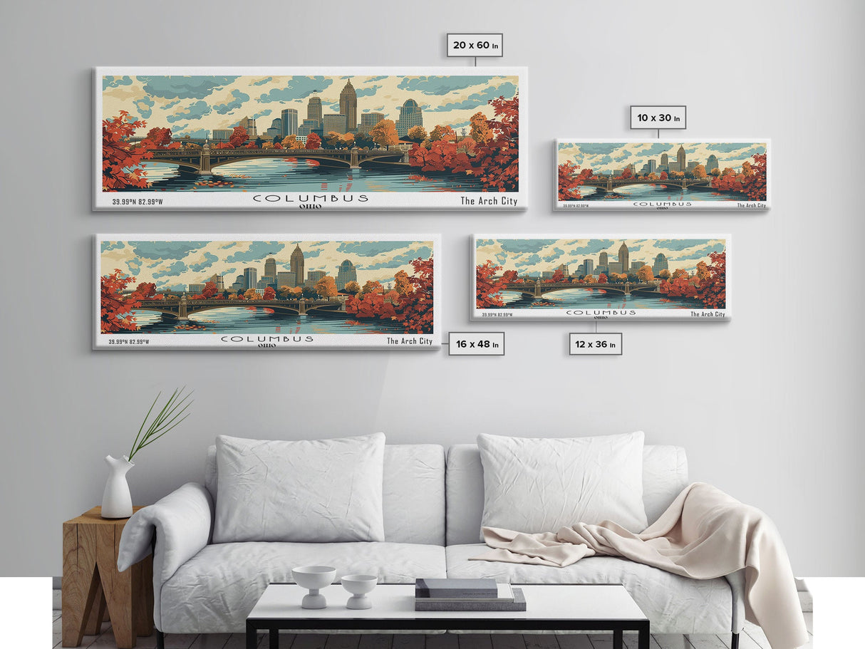 Columbus Ohio Panoramic Wall Art, Mid Century Modern Framed Canvas Print, Retro Pop Art Travel Poster, City Living Room Decor, Office Wall Art