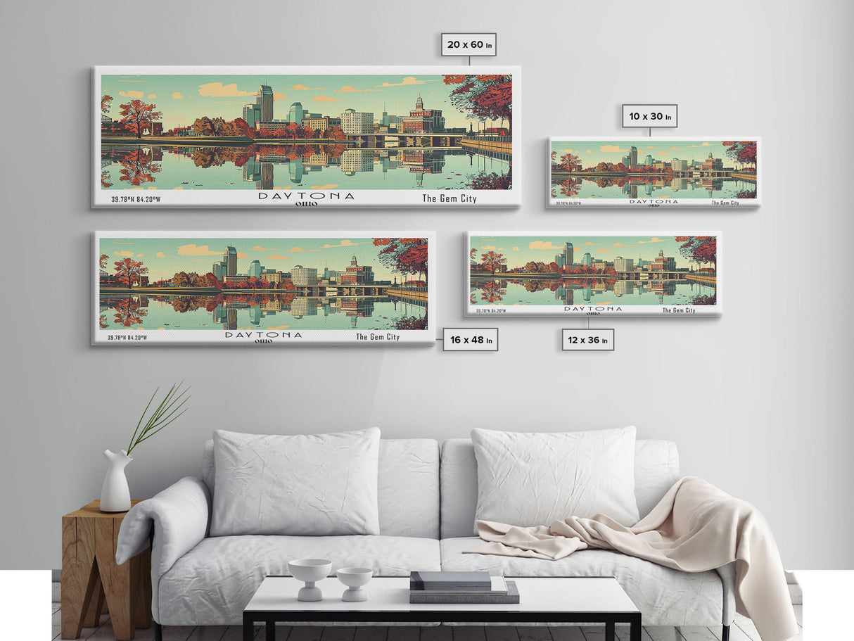 Dayton Ohio Panoramic Wall Art, Mid Century Modern Framed Canvas Print, Retro Pop Art Travel Poster, City Home Decor, Office Decor