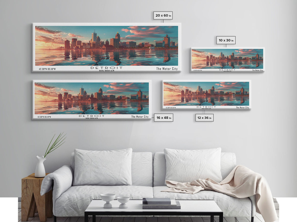 Detroit Michigan Panoramic Painting, Mid Century Modern Framed Canvas Print, Retro Pop Art Travel Poster, City Wall Decor, Home Art