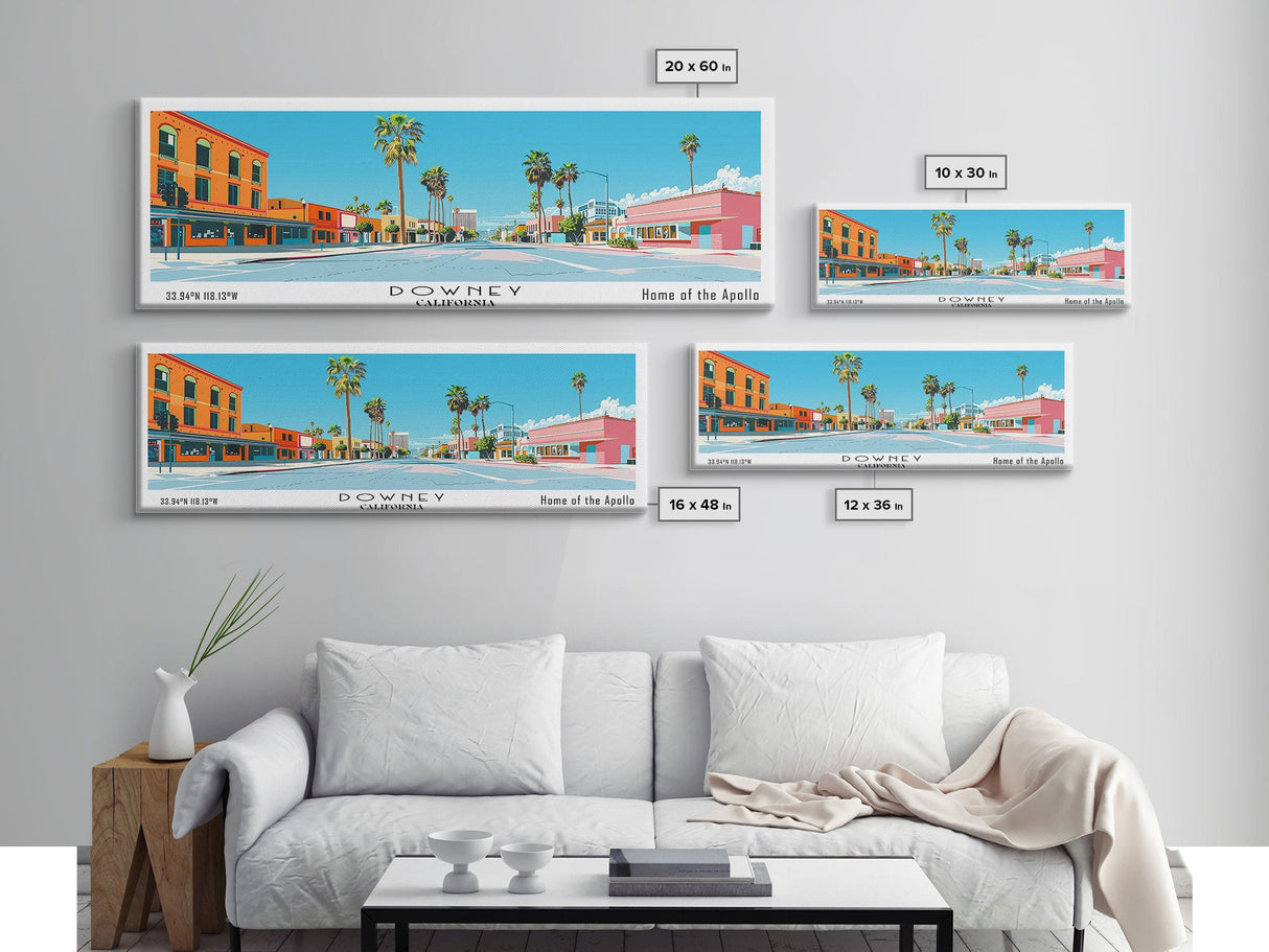 Downey California Panoramic Wall Art, Mid Century Modern Framed Canvas Print, Retro Pop Art Travel Poster, City Living Room Decor, Home Decor