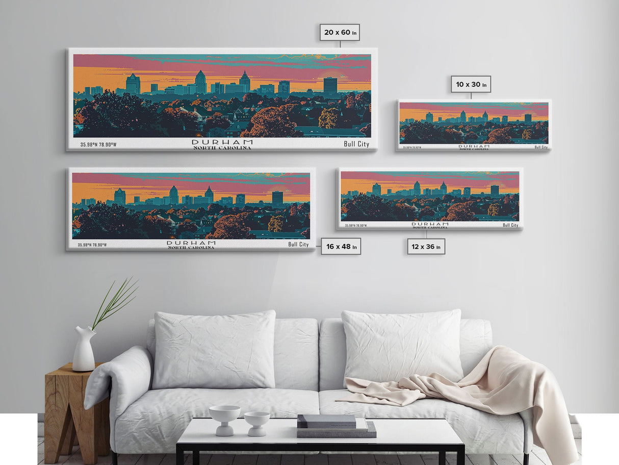 Durham North Carolina Panoramic Painting, Mid Century Modern Framed Canvas Print, Retro Pop Art Travel Poster, City Wall Art, Office Decor