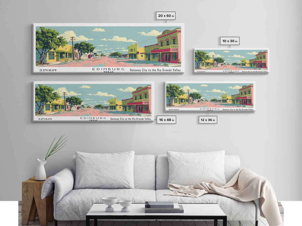 Edinburg Texas Panoramic Wall Art, Mid Century Modern Framed Canvas Print, Retro Pop Art Travel Poster, City Office Art, Living Room Decor