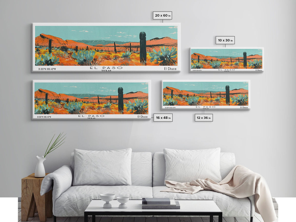 El Paso Texas Panoramic Painting, Mid Century Modern Framed Canvas Print, Retro Pop Art Travel Poster, Living Room Wall Decor