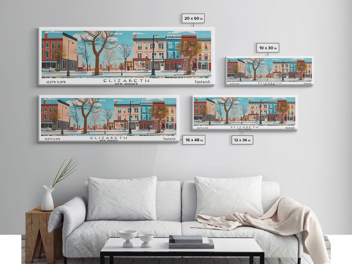 Elizabeth New Jersey Panoramic Wall Art, Mid Century Modern Framed Canvas Print, Retro Pop Art Travel Poster, City Home Decor, Office Art