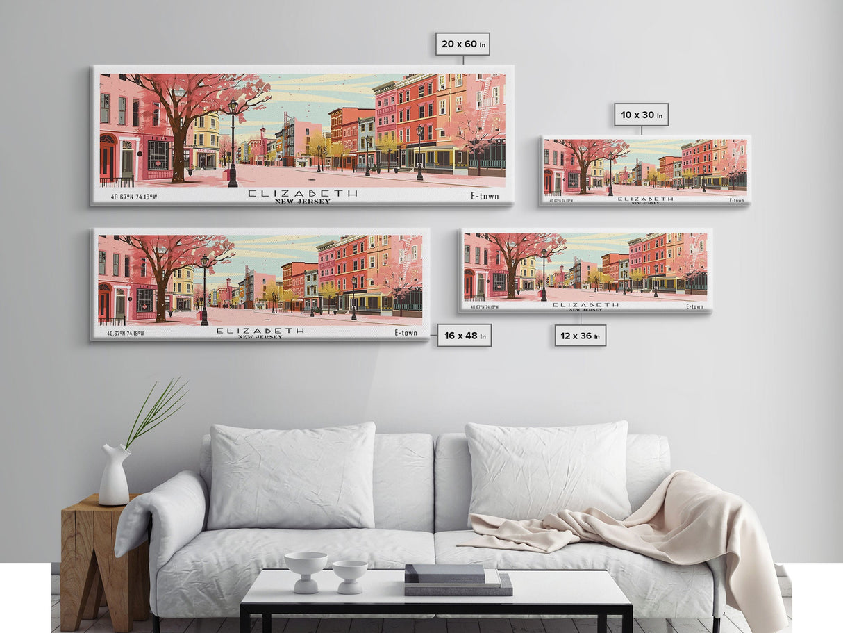 Elizabeth New Jersey Panoramic Wall Art, Mid Century Modern Framed Canvas Print, Retro Pop Art Travel Poster, City Home Decor, Office Art