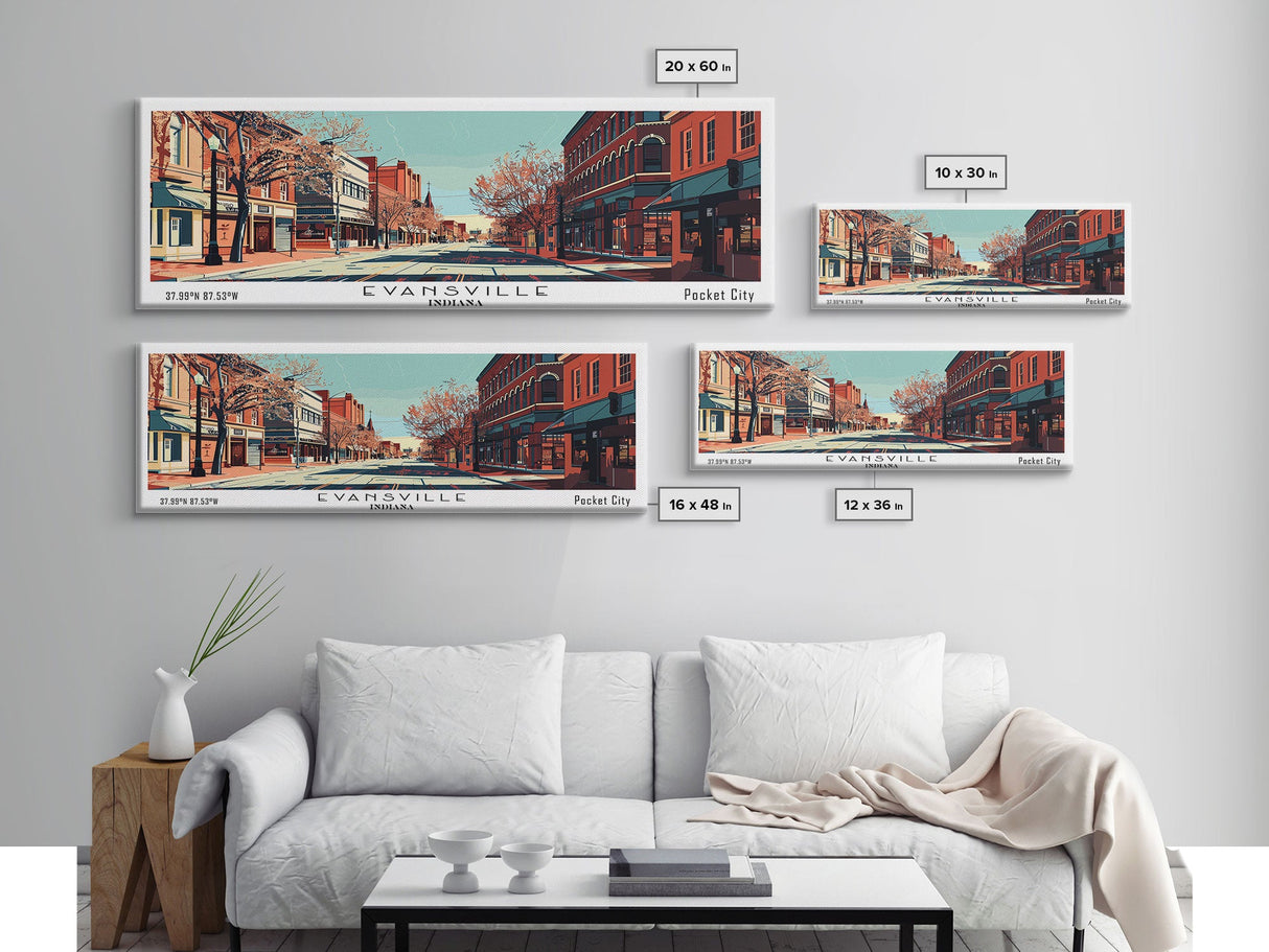 Evansville Indiana Panoramic Painting, Mid Century Modern Framed Canvas Print, Retro Pop Art Travel Poster, Living Room Wall Art