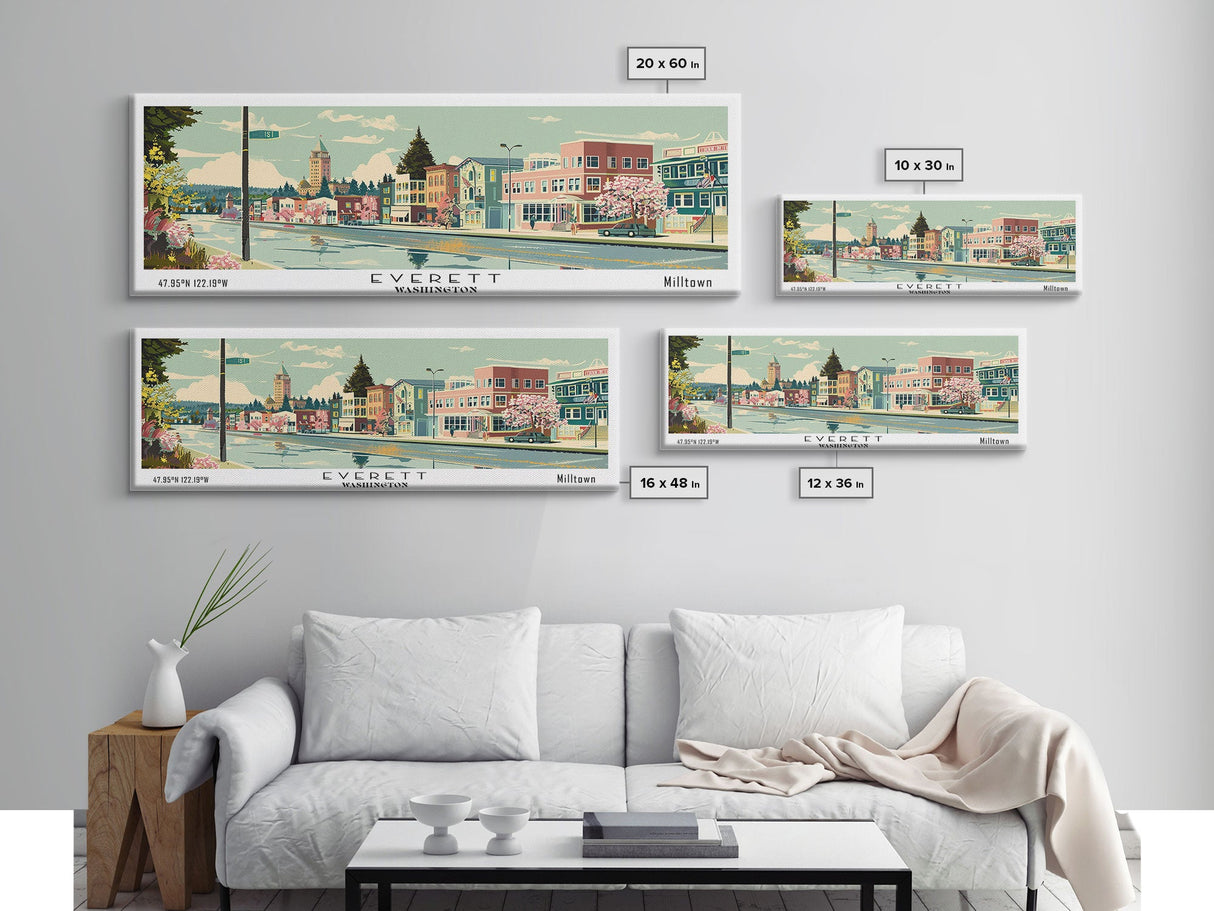 Everett Washington Panoramic Painting, Mid Century Modern Framed Canvas Print, Retro Pop Art Travel Poster, Home Wall Decor