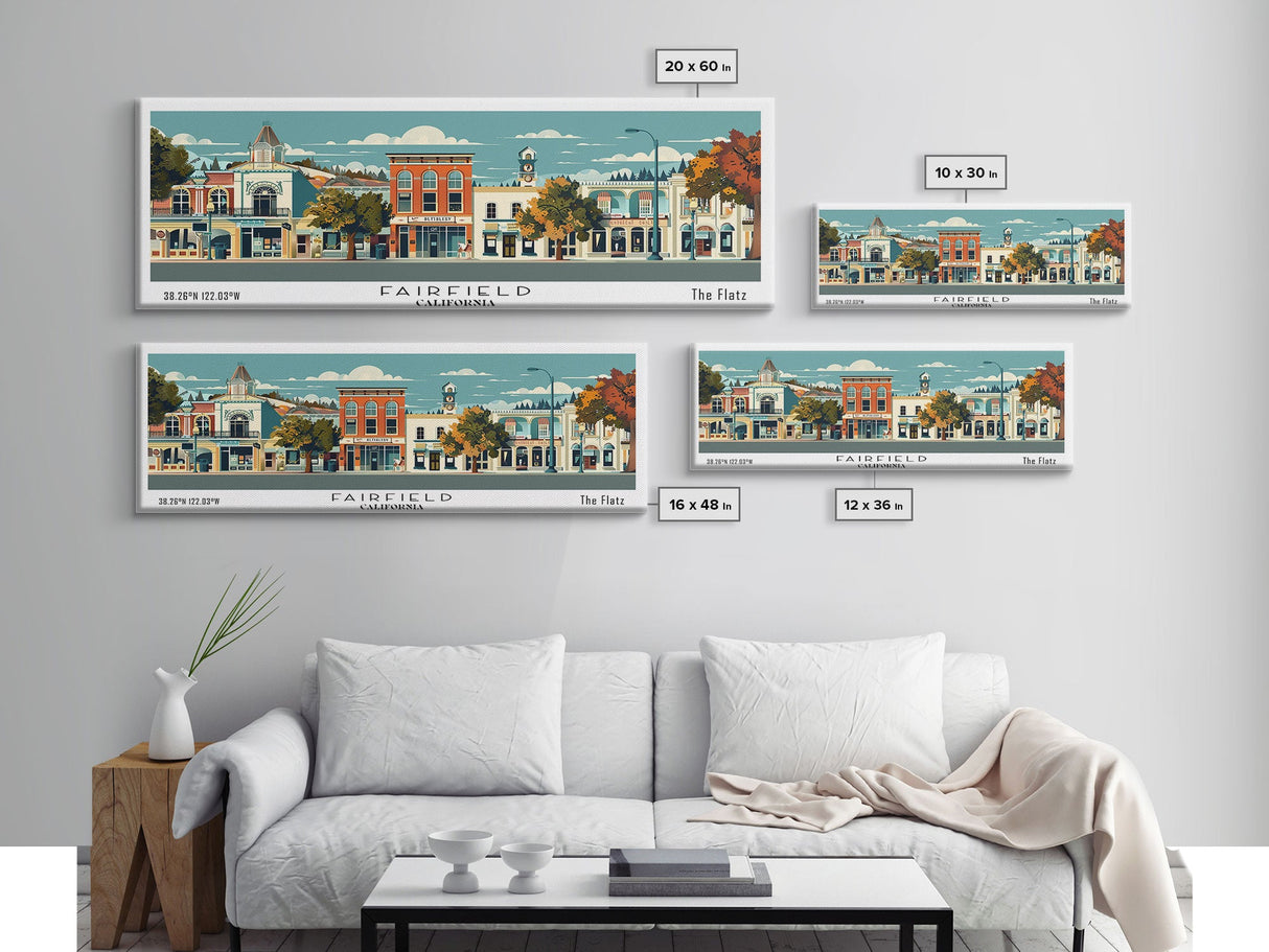 Fairfield California Panoramic Art, Mid Century Modern Framed Canvas Print, Retro Pop Art Travel Poster, Office Wall Decor