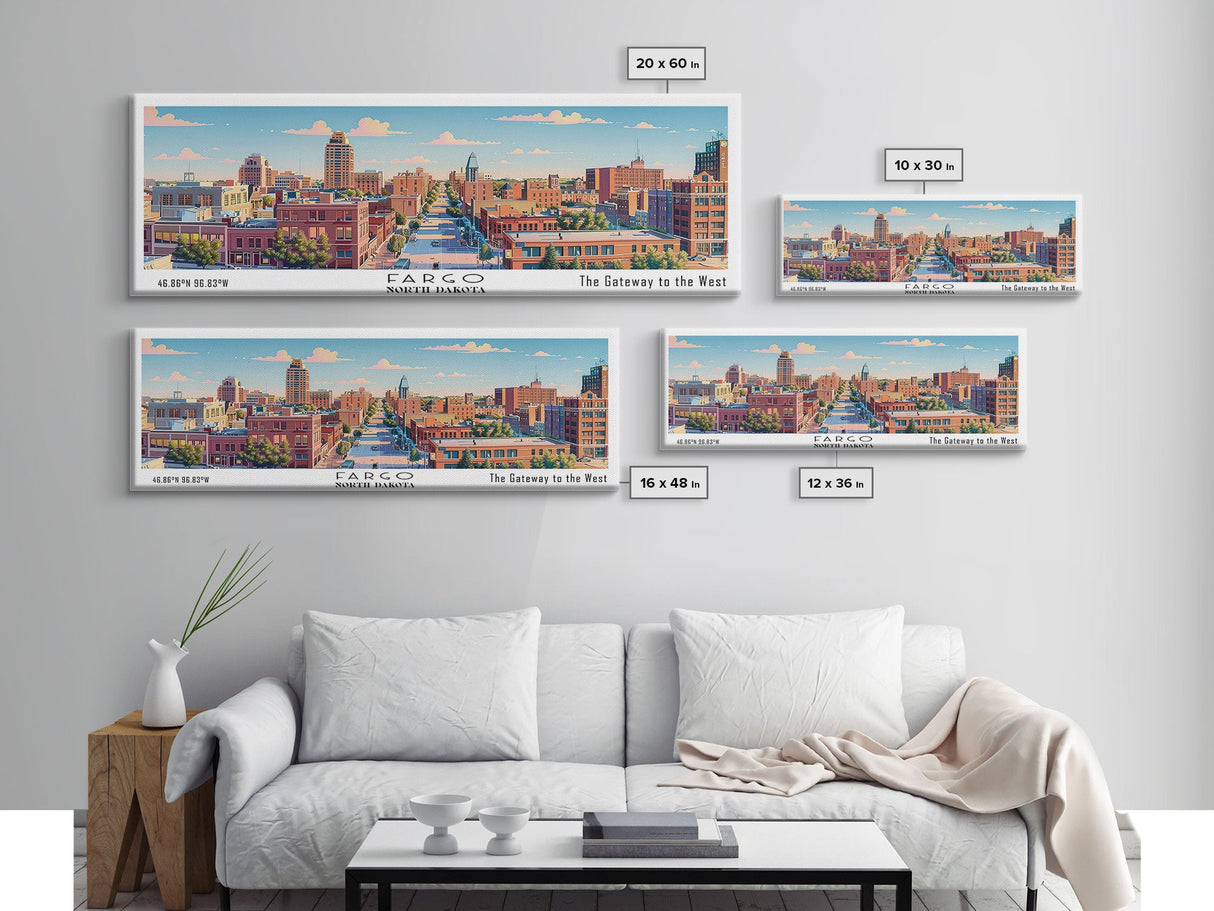 Fargo North Dakota Panoramic Painting, Mid Century Modern Framed Canvas Print, Retro Pop Art Travel Poster, City Wall Art