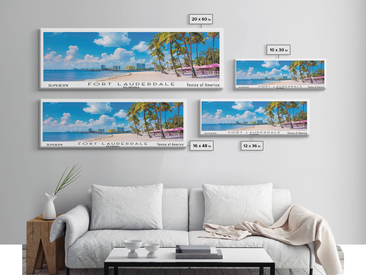 Fort Lauderdale Florida Panoramic Painting, Mid Century Modern Framed Canvas Print, Retro Pop Art Travel Poster, City Wall Art