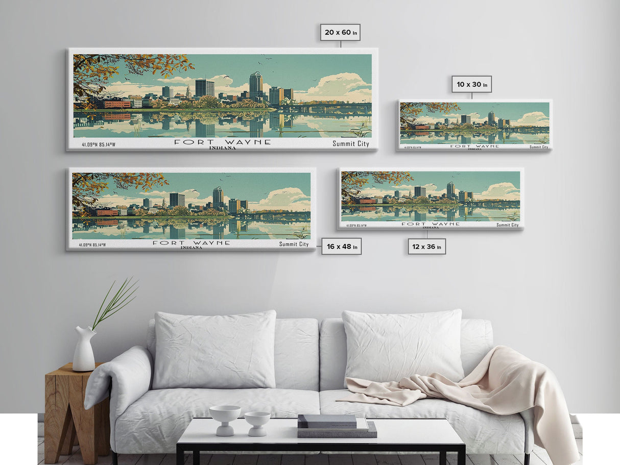 Fort Wayne Indiana Panoramic Art, Mid Century Modern Framed Canvas Print, Retro Pop Art Travel Poster, Home Wall Decor