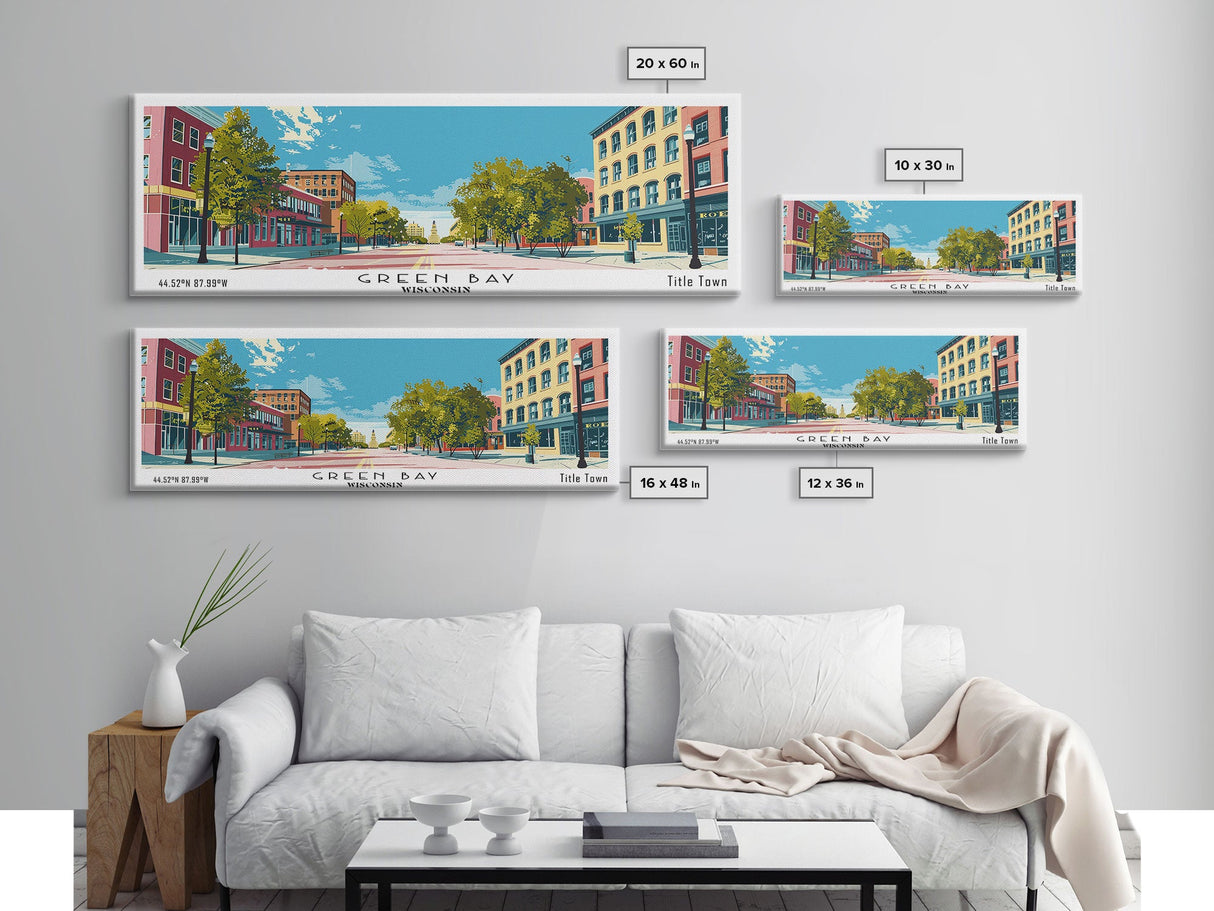 Green Bay Wisconsin Panoramic Art, Mid Century Modern Framed Canvas Print, Retro Pop Art Travel Poster, City Wall Art