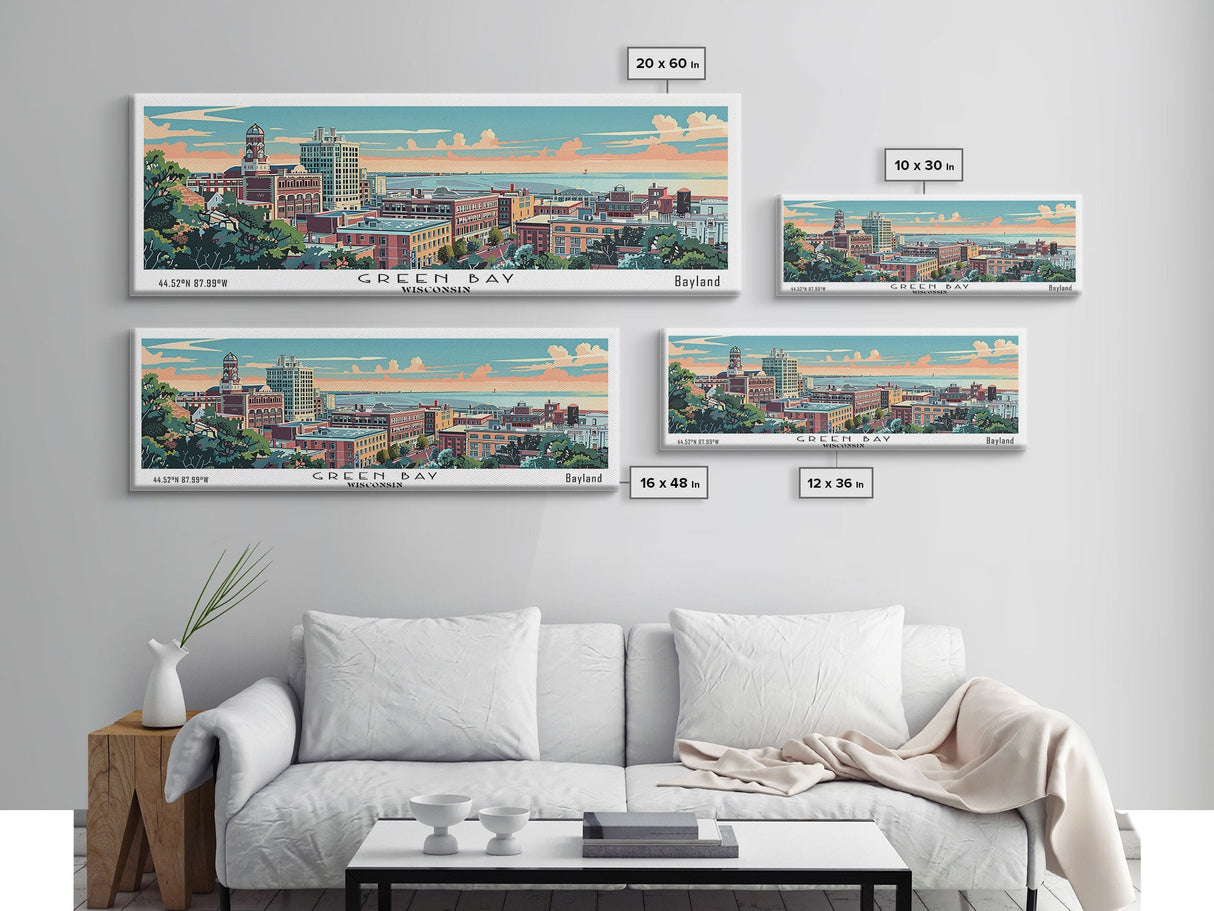 Green Bay Wisconsin Panoramic Art, Mid Century Modern Framed Canvas Print, Retro Pop Art Travel Poster, City Wall Art