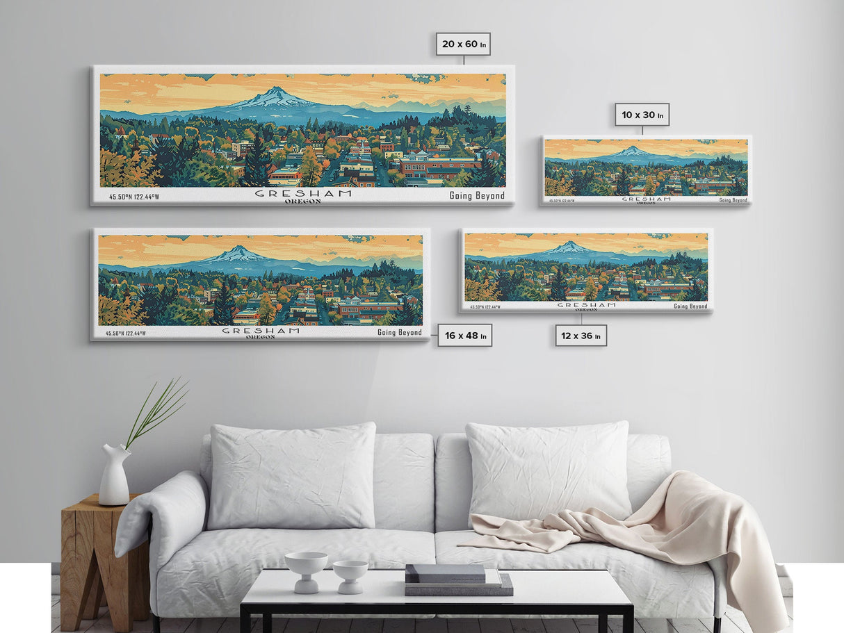 Gresham Oregon Panoramic Art, Mid Century Modern Framed Canvas Print, Retro Pop Art Travel Poster, Office Wall Decor