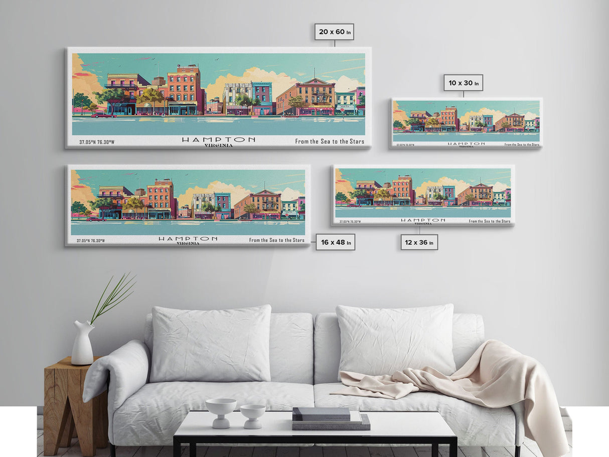 Hampton Virginia Panoramic Painting, Mid Century Modern Framed Canvas Print, Retro Pop Art Travel Poster, Office Wall Decor