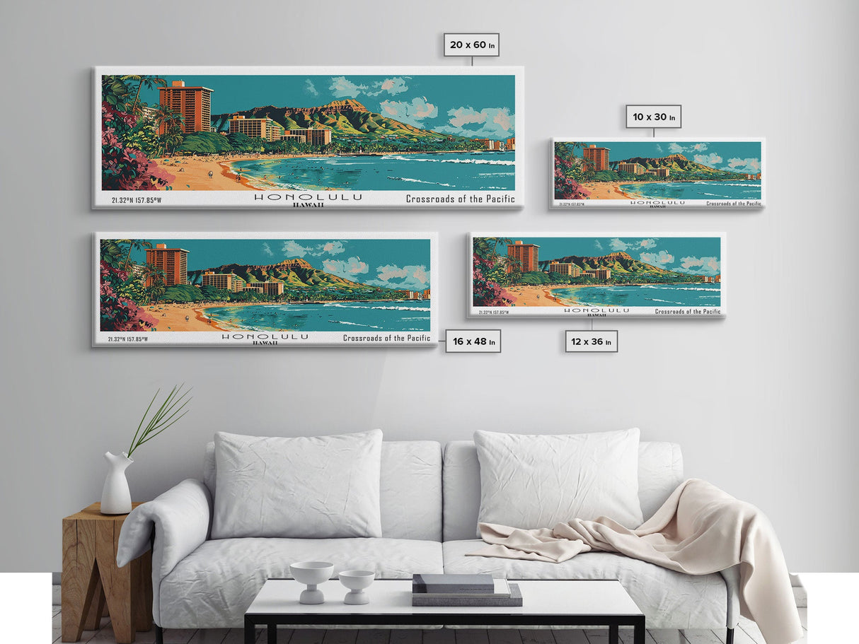 Honolulu Hawaii Panoramic Painting, Mid Century Modern Framed Canvas Print, Retro Pop Art Travel Poster, Home Wall Decor