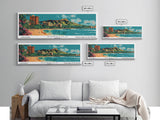 Honolulu Hawaii Panoramic Painting, Mid Century Modern Framed Canvas Print, Retro Pop Art Travel Poster, Home Wall Decor