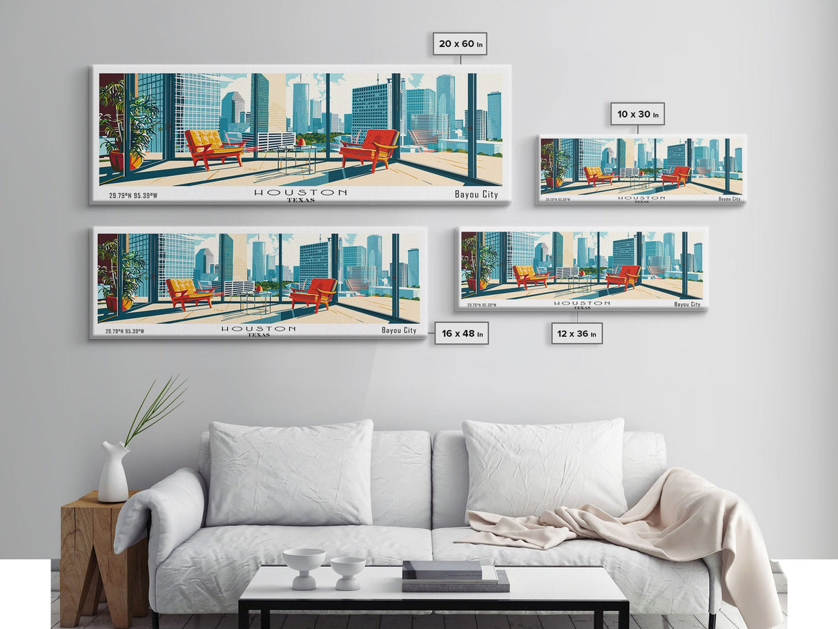 Houston Texas Panoramic Painting, Mid Century Modern Framed Canvas Print, Retro Pop Art Travel Poster, Office Wall Art