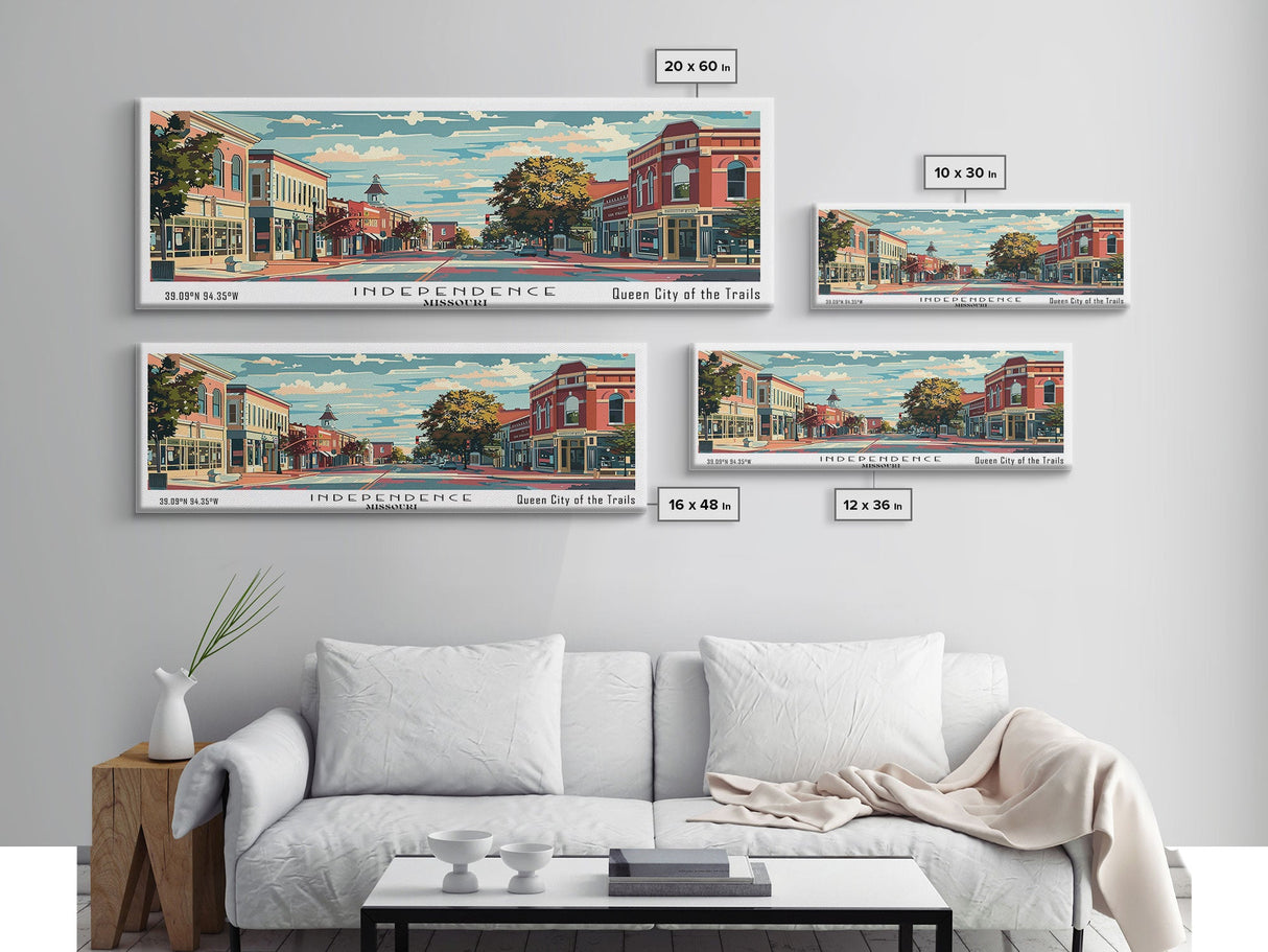 Independence Missouri Panoramic Painting, Mid Century Modern Framed Canvas Print, Retro Pop Art Travel Poster, Home Decor