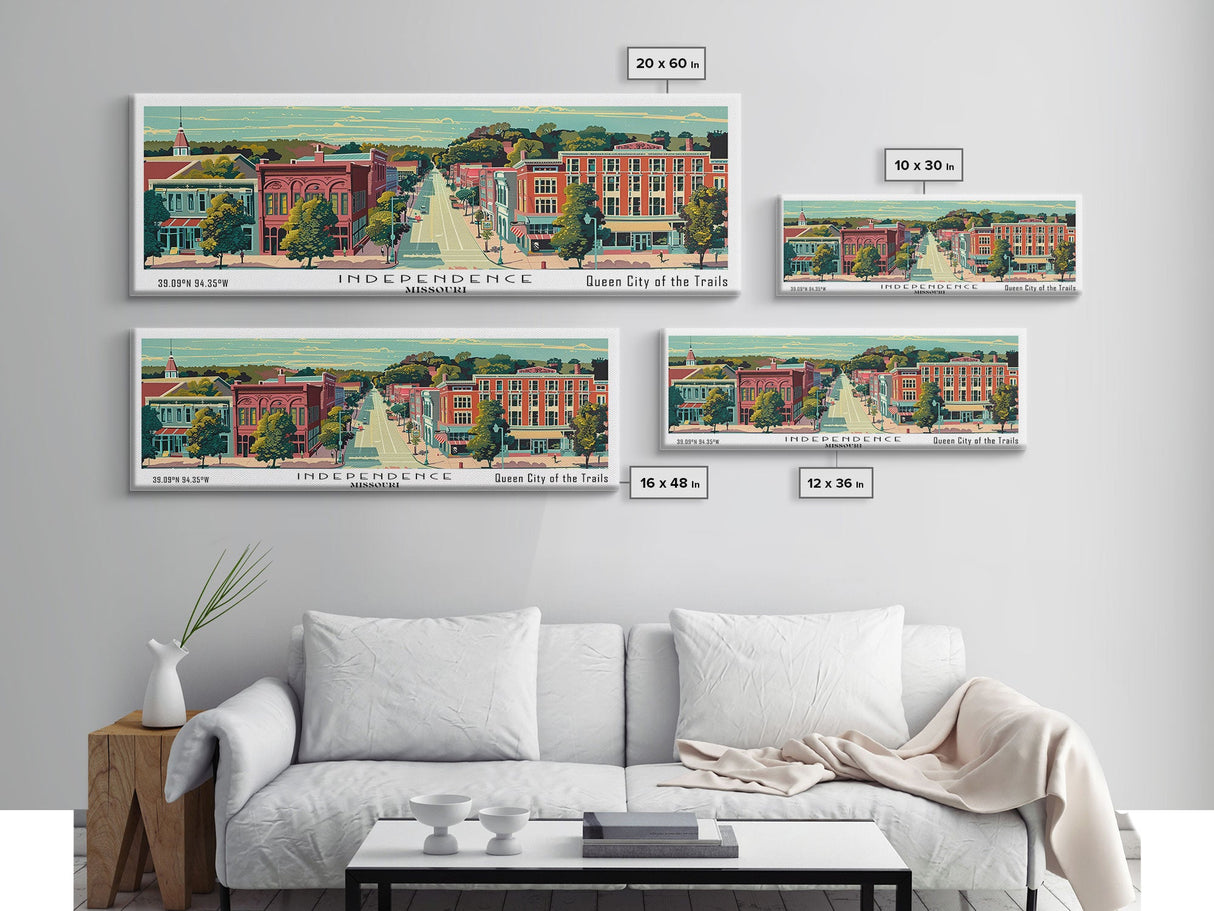 Independence Missouri Panoramic Painting, Mid Century Modern Framed Canvas Print, Retro Pop Art Travel Poster, Home Decor