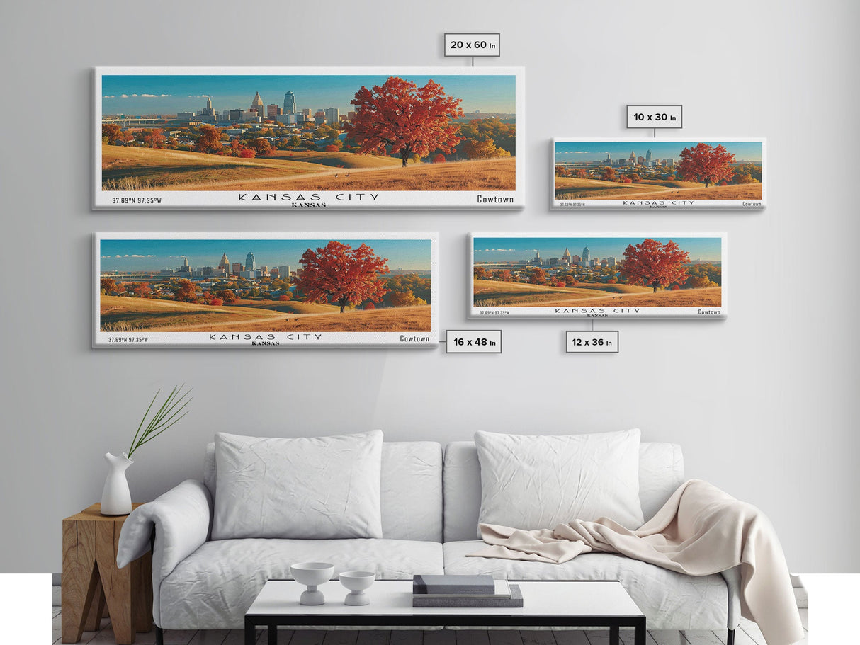 Kansas City Kansas Panoramic Wall Art, Mid Century Modern Framed Canvas Print, Retro Pop Art Travel Poster, Office Wall Art